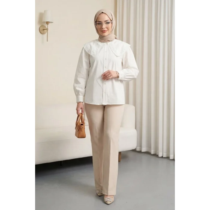 Bebe Yaka Dantel Detaylı Düğmeli Poplin Gömlek  -Ekru