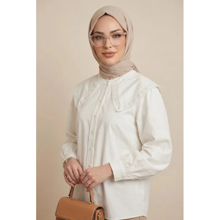 Bebe Yaka Dantel Detaylı Düğmeli Poplin Gömlek  -Ekru