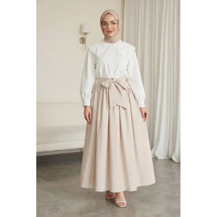 Bebe Yaka Dantel Detaylı Düğmeli Poplin Gömlek  -Ekru