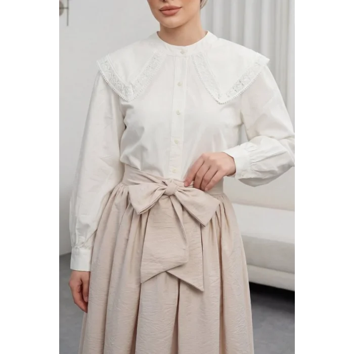 Bebe Yaka Dantel Detaylı Düğmeli Poplin Gömlek  -Ekru