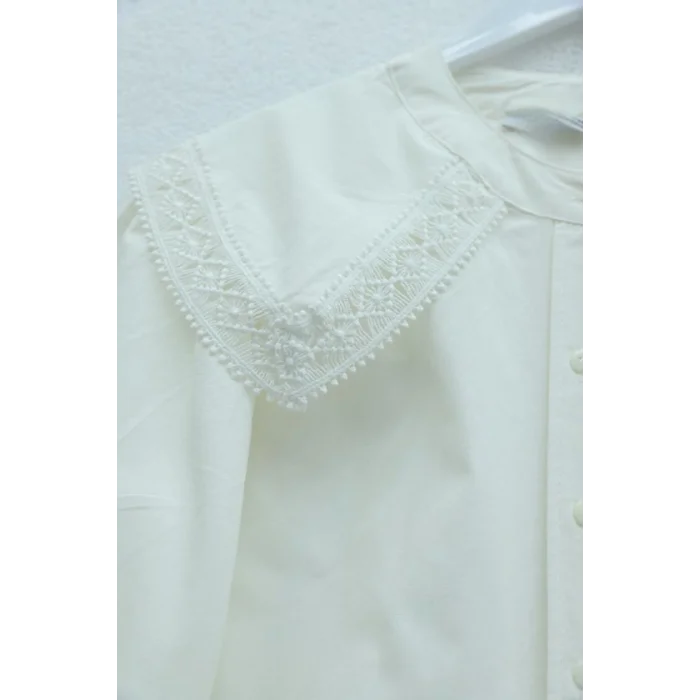 Bebe Yaka Dantel Detaylı Düğmeli Poplin Gömlek  -Ekru