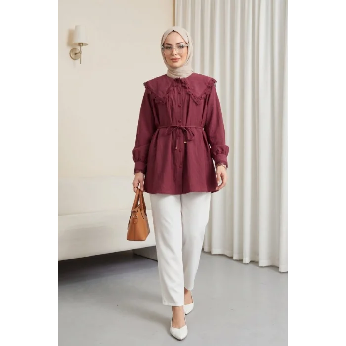 Bebe Yaka Fistolu Beli Bağcıklı Modal Tunik   -Bordo