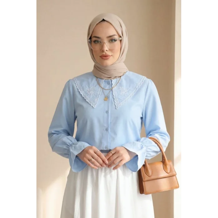 Bebe Yaka Fistolu Kolu Lastikli Poplin Gömlek Bluz -Bebe Mavi