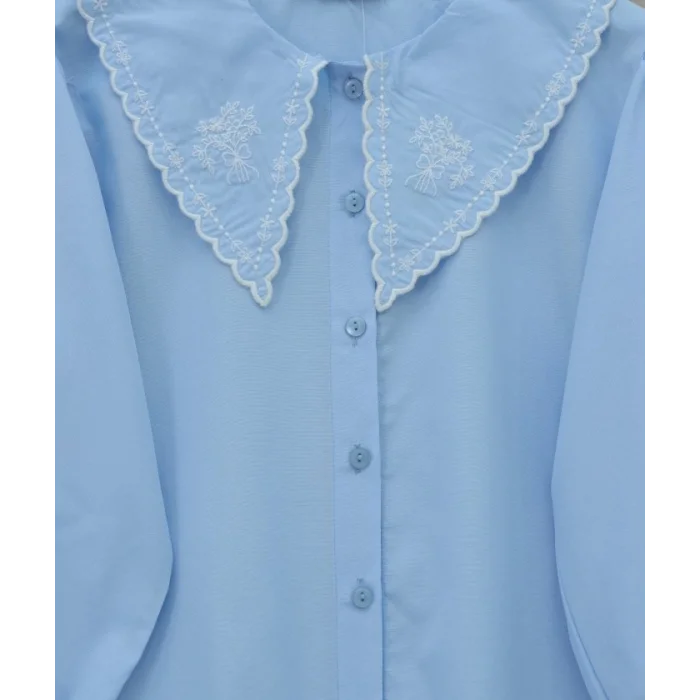 Bebe Yaka Fistolu Kolu Lastikli Poplin Gömlek Bluz -Bebe Mavi