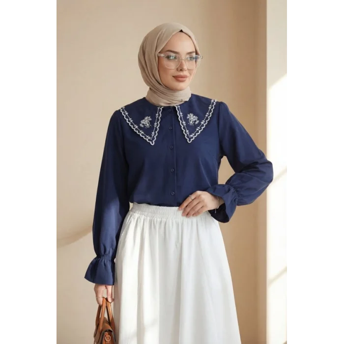 Bebe Yaka Fistolu Kolu Lastikli Poplin Gömlek Bluz -Laci