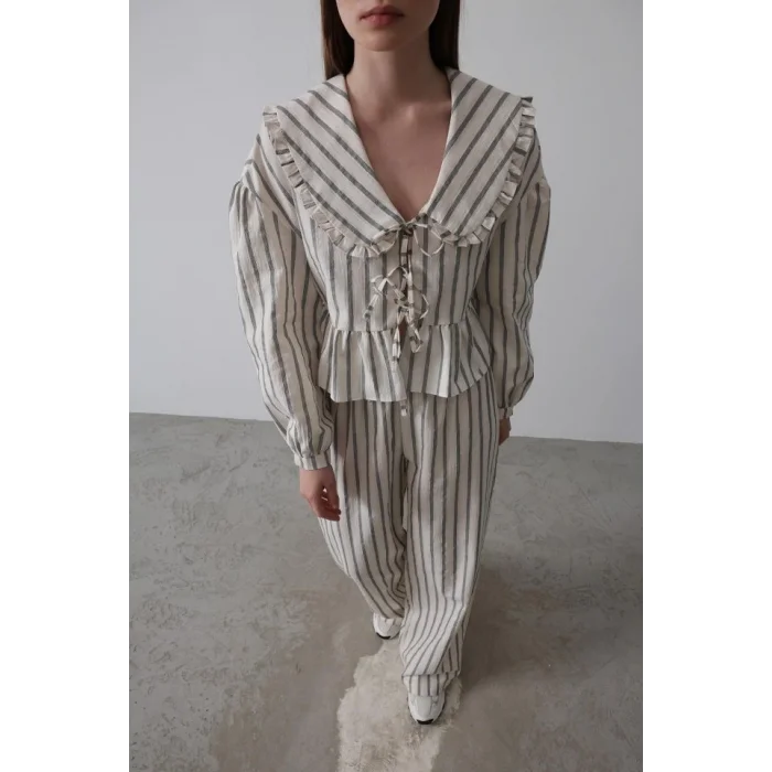 Bebe Yakalı Önü Bağlamalı Takım - Natür