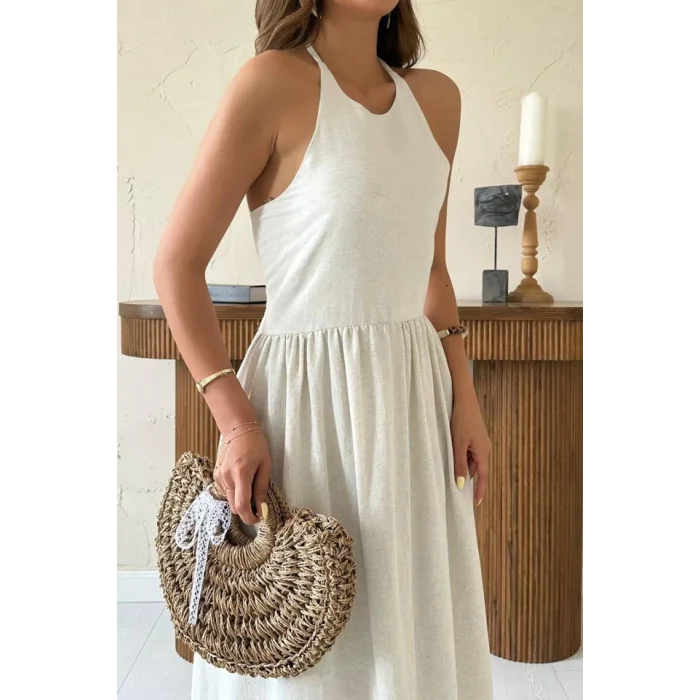 Bej Arkası Gipeli Keten Elbise