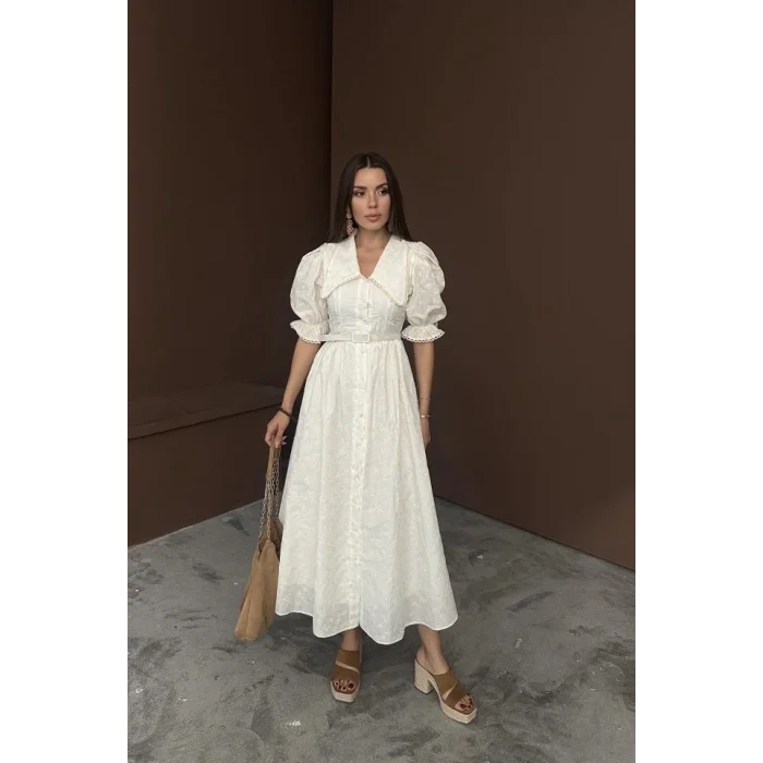 Bej Bebe Yaka Balon Kollu Brode Elbise