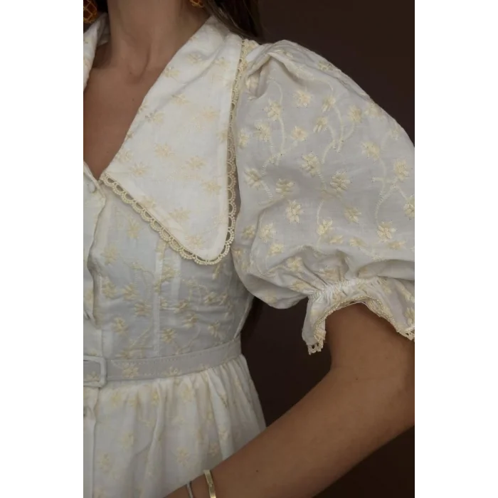 Bej Bebe Yaka Balon Kollu Brode Elbise