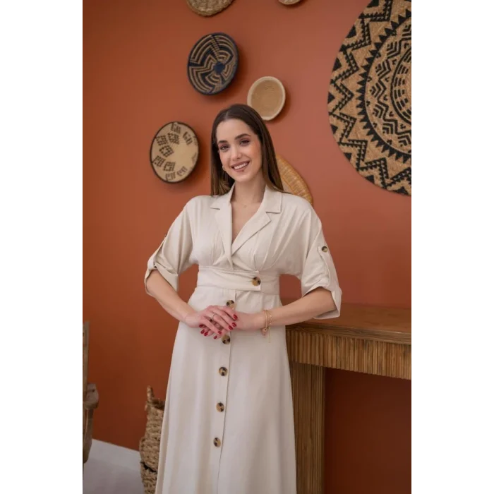 Bej Düğmeli Keten Elbise