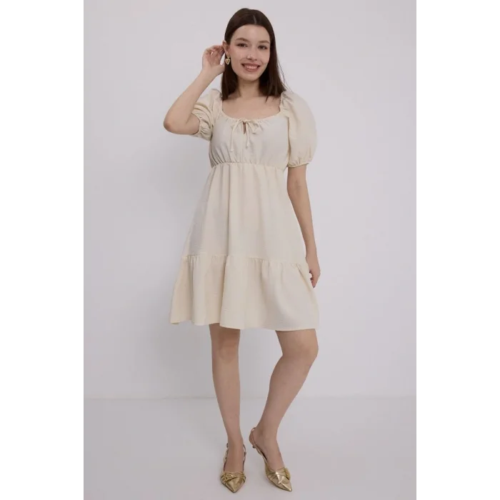Bej Kloş Keten Elbise 2351
