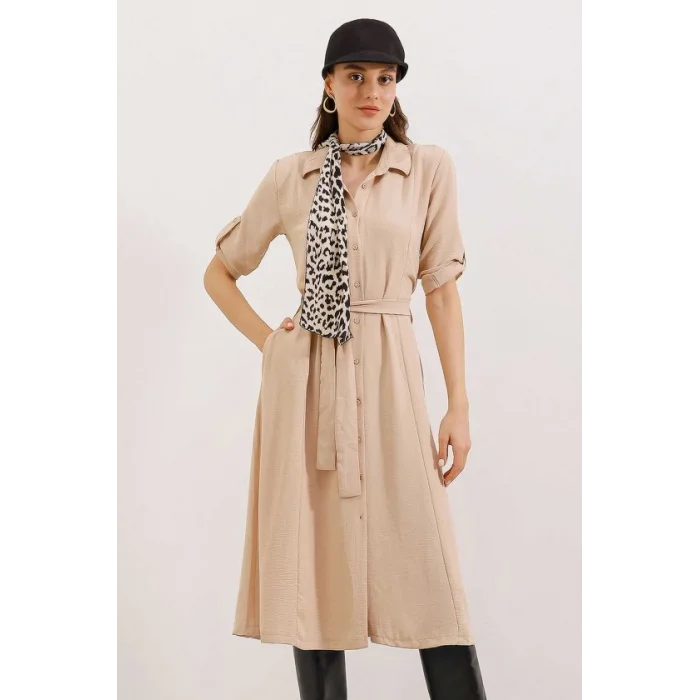 Bej Kuşaklı Gömlek Elbise 2442