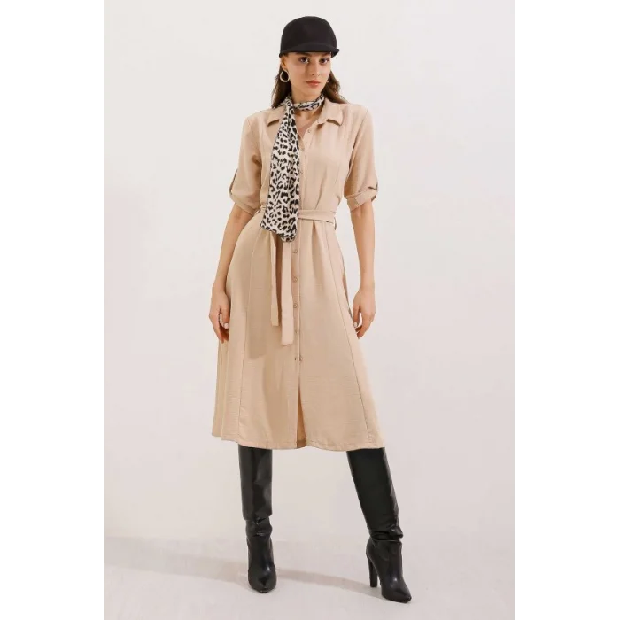 Bej Kuşaklı Gömlek Elbise 2442