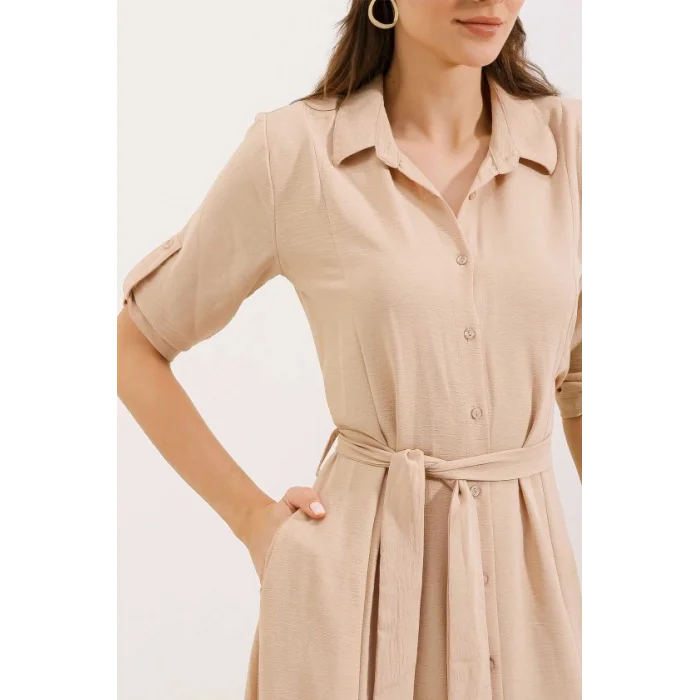 Bej Kuşaklı Gömlek Elbise 2442