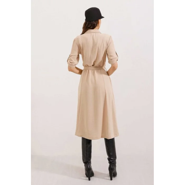 Bej Kuşaklı Gömlek Elbise 2442