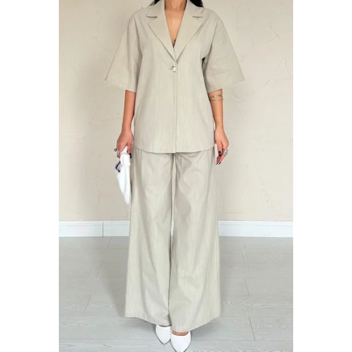 Bej Önü Tek Düğmeli Ceket Pantolon Takım