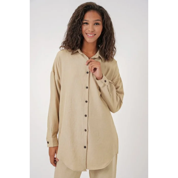 Bej Oversize Keten Alt Üst Takım 6622