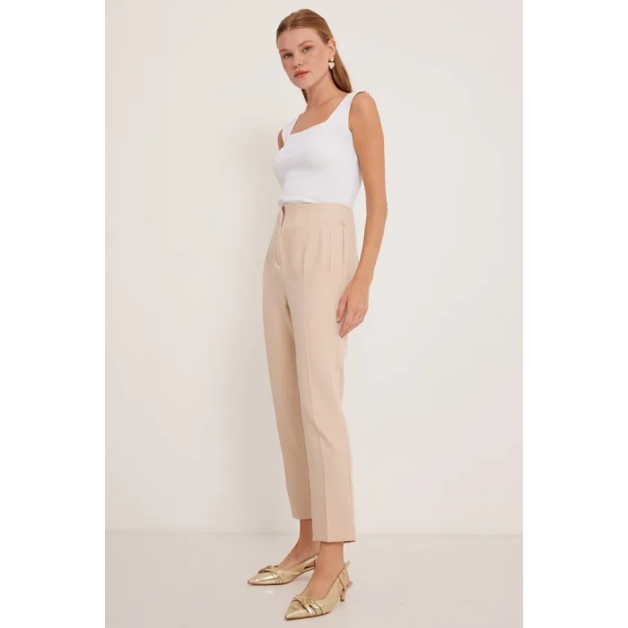 Bej Yüksek Bel Kumaş Pantolon 6650