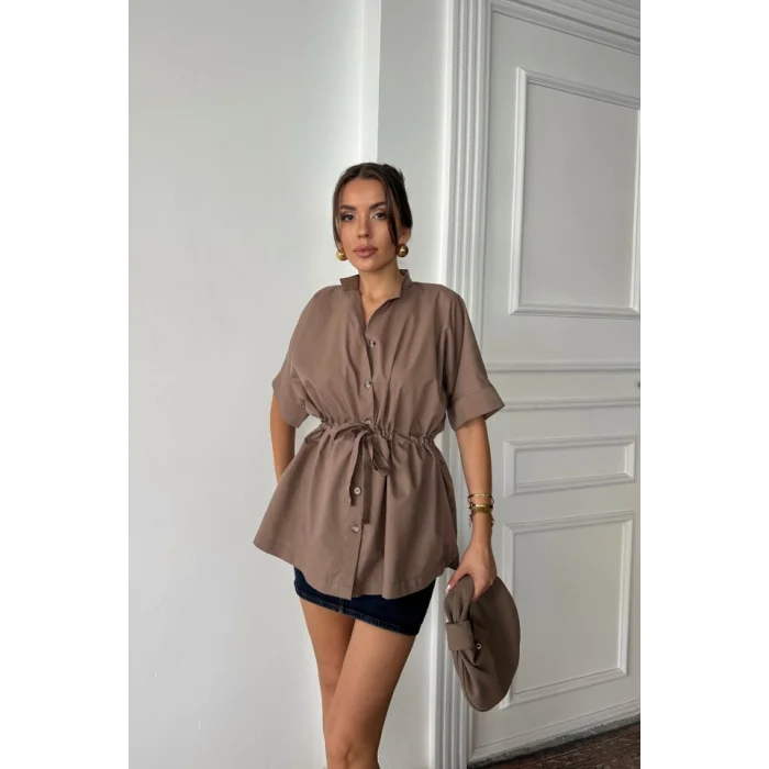 BEL BÜZGÜ DETAYLI POPLİN GÖMLEK - Kahverengi