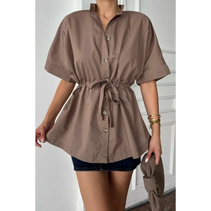 BEL BÜZGÜ DETAYLI POPLİN GÖMLEK - Kahverengi