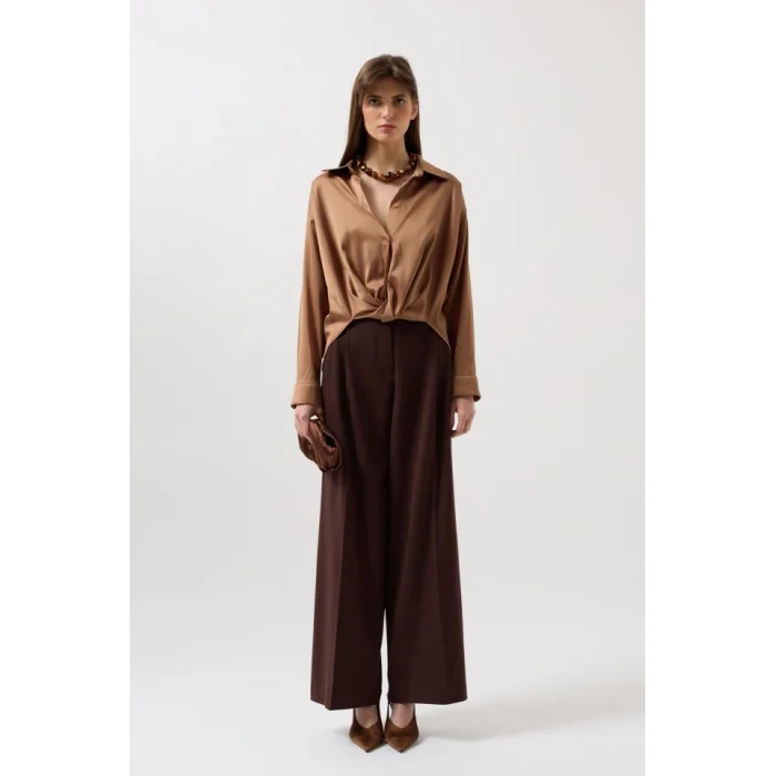 Bel Büzgülü Crop Saten Gömlek