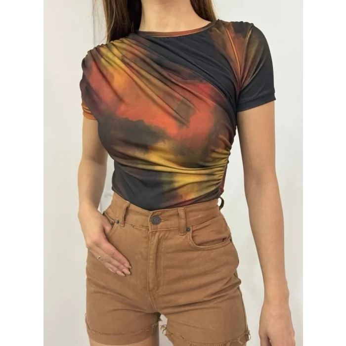 Bel Omuz Büzgülü Batik Baskı Sendy Bluz  -Kiremit