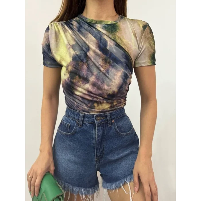 Bel Omuz Büzgülü Batik Baskı Sendy Bluz  -Yeşil