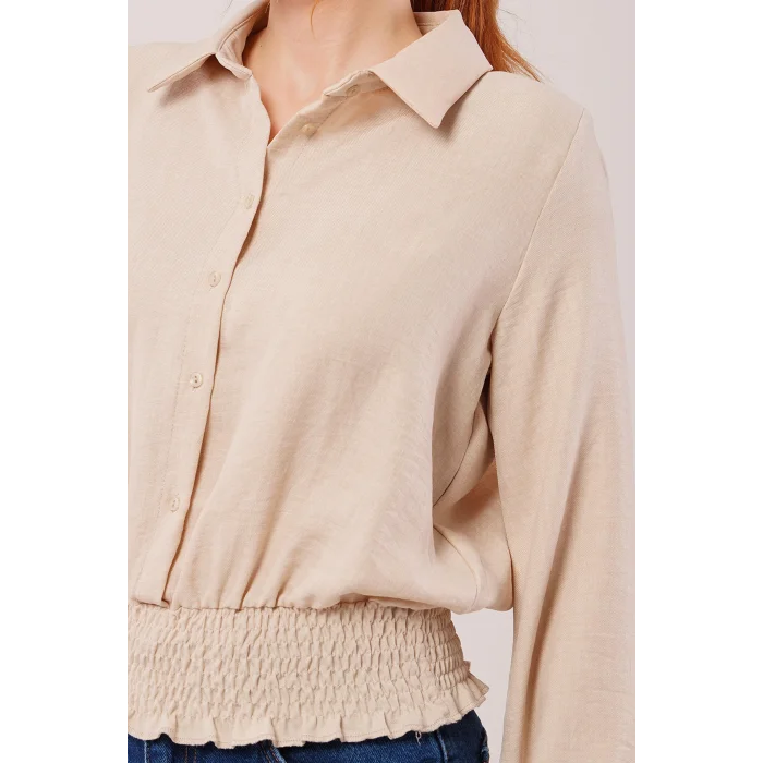 Bel Ve Bilek Lastikli Bej Bluz