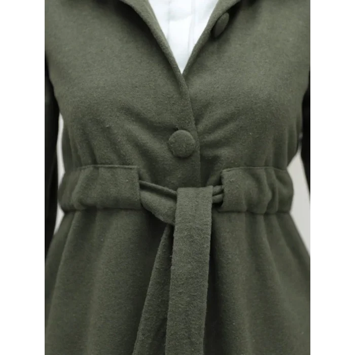 Belden Bağlamalı Top Düğmeli Kaşe Kaban -Haki