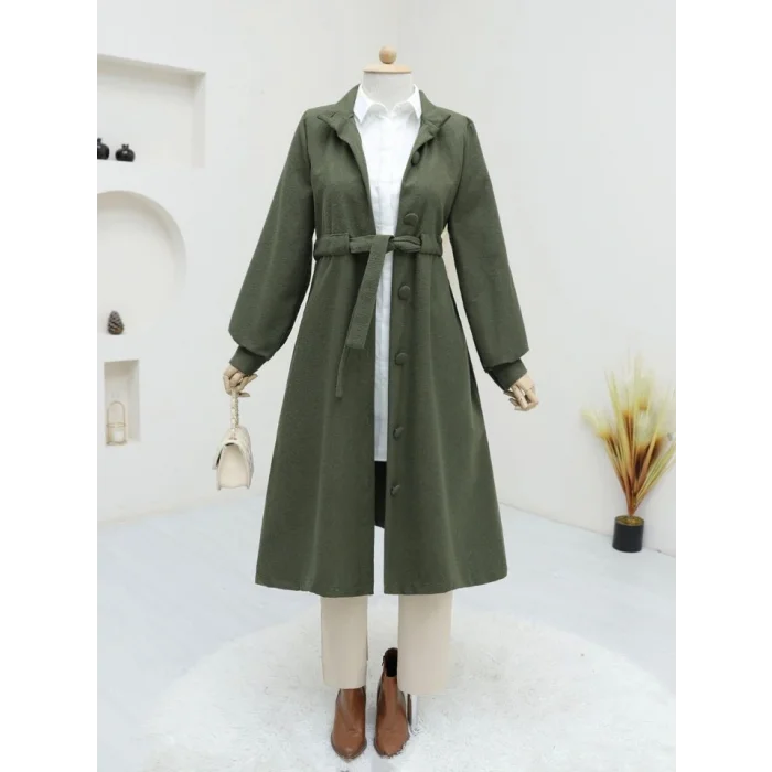 Belden Bağlamalı Top Düğmeli Kaşe Kaban -Haki