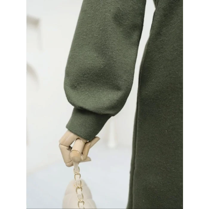 Belden Bağlamalı Top Düğmeli Kaşe Kaban -Haki