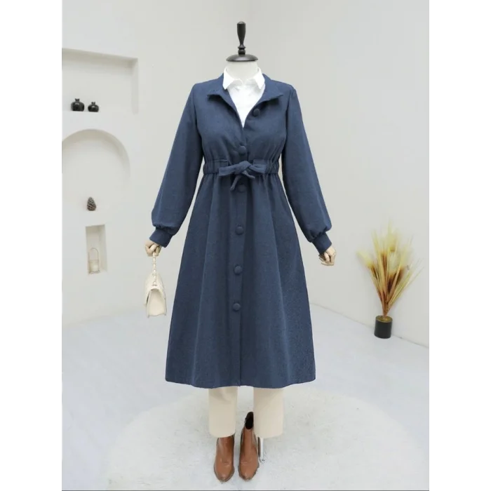 Belden Bağlamalı Top Düğmeli Kaşe Kaban    -Laci