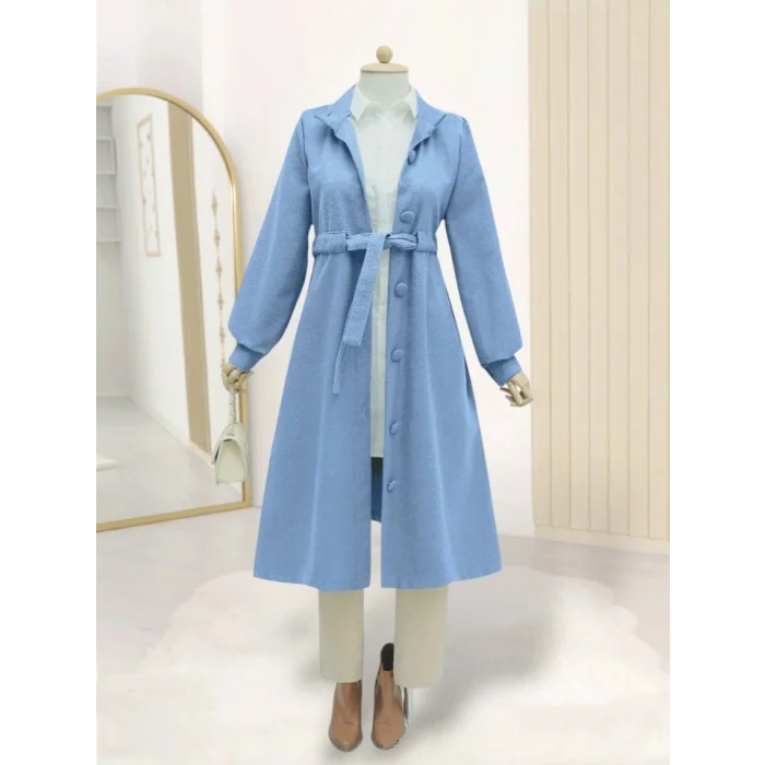 Belden Bağlamalı Top Düğmeli Kaşe Kaban -Mavi