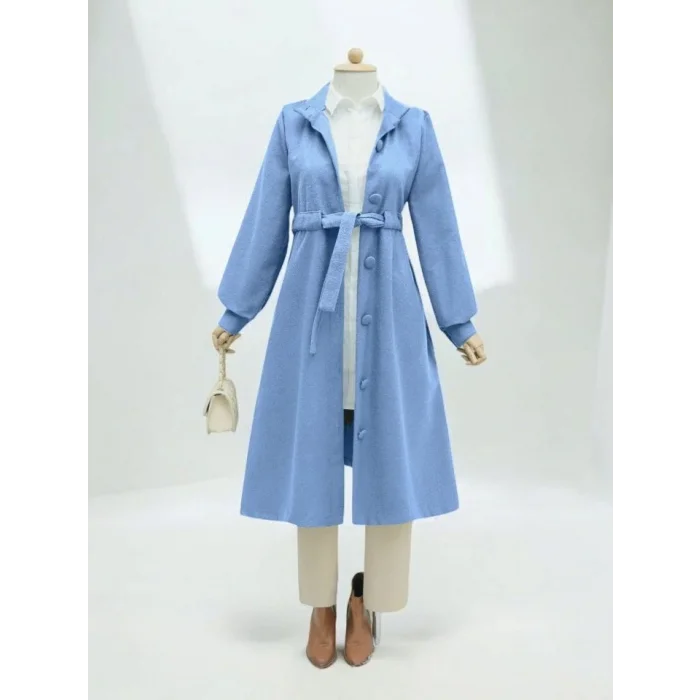 Belden Bağlamalı Top Düğmeli Kaşe Kaban -Mavi