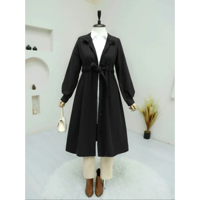 Belden Bağlamalı Top Düğmeli Kaşe Kaban -Siyah