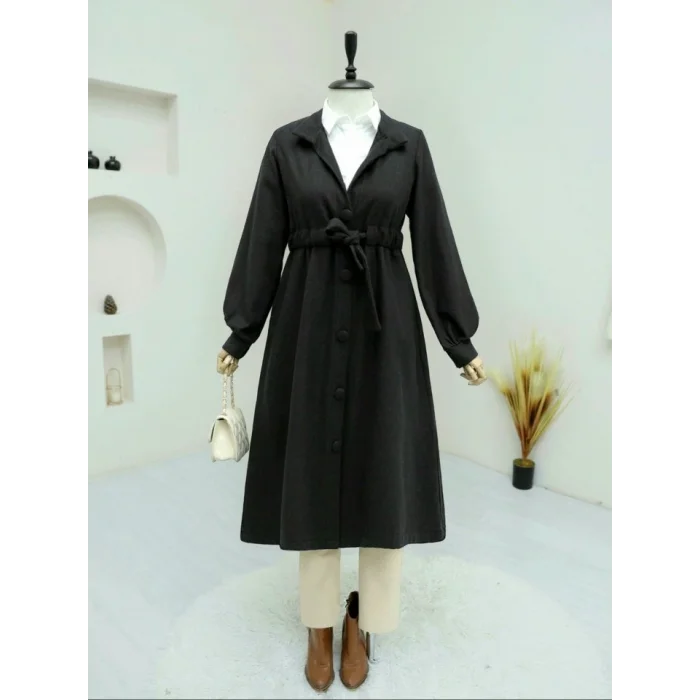 Belden Bağlamalı Top Düğmeli Kaşe Kaban -Siyah