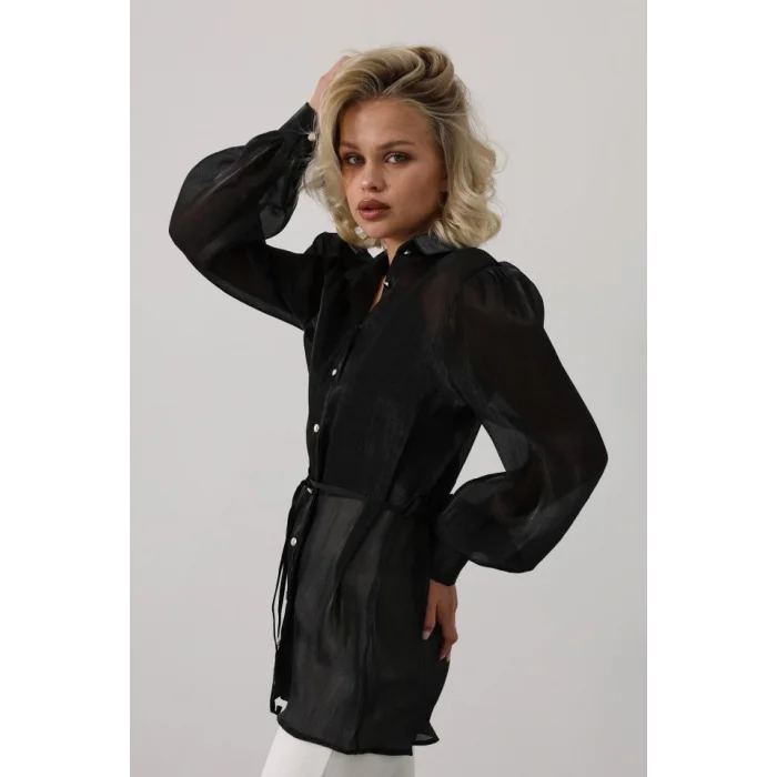 Belden Bağlamalı Uzun Kol Gömlek - Siyah