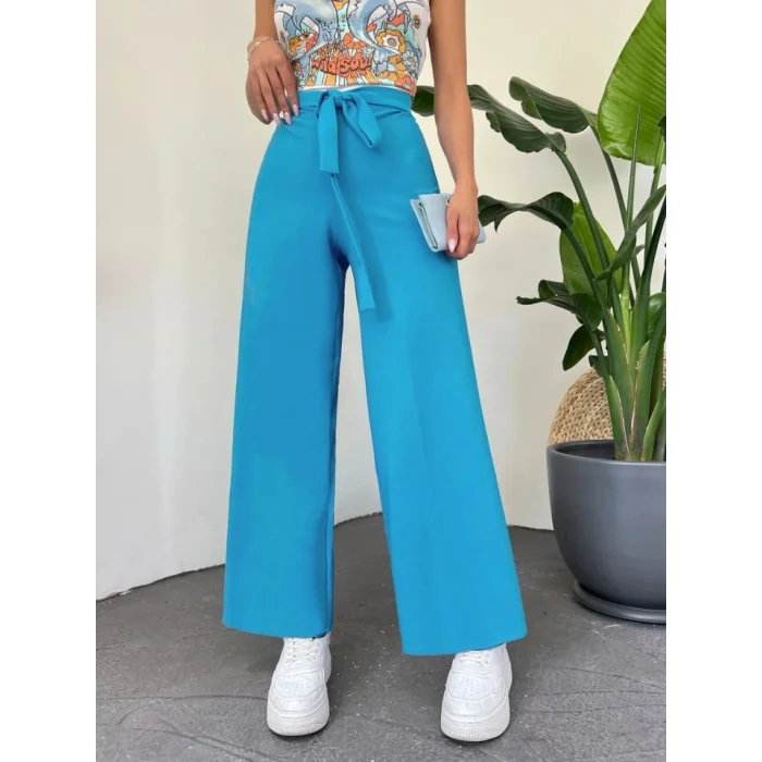 Beli Bağcıklı Double Bol Paça Pantolon      -Mavi