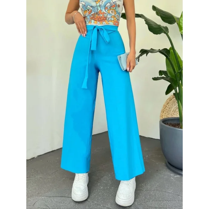 Beli Bağcıklı Double Bol Paça Pantolon      -Mavi