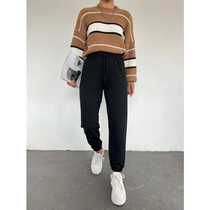 Beli Bağcıklı Eşofman Altı -Siyah