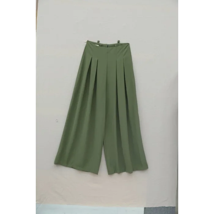 Beli Bağcıklı Pliseli Bol Paça İthal Krep Pantolon -Haki