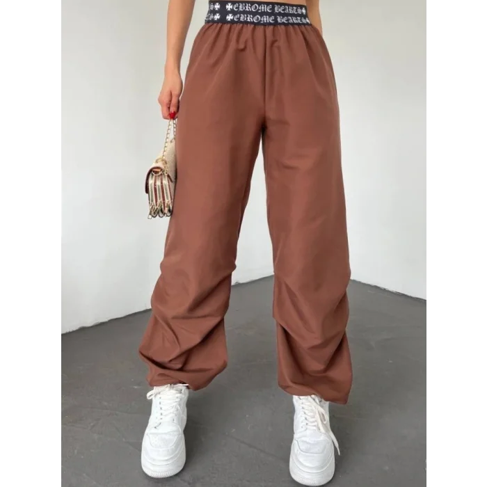 Beli Bantlı Paçası Lastikli Pantolon -Kahve