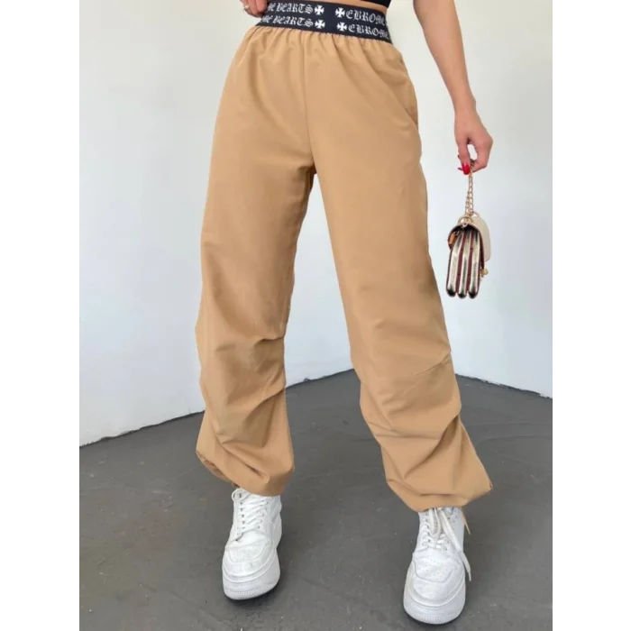 Beli Bantlı Paçası Lastikli Pantolon -Vizon