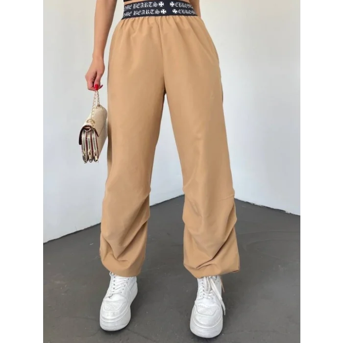 Beli Bantlı Paçası Lastikli Pantolon -Vizon