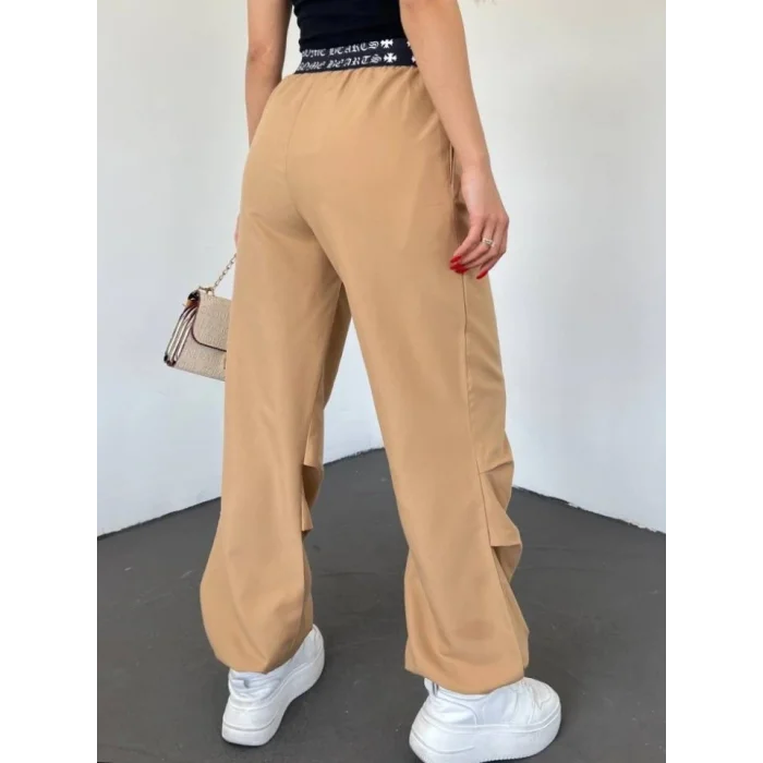 Beli Bantlı Paçası Lastikli Pantolon -Vizon