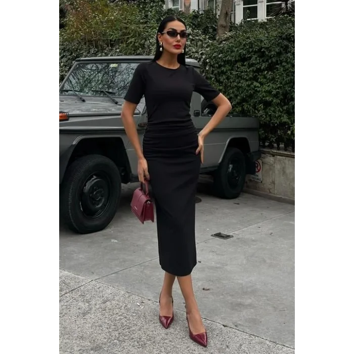 Beli Büzgülü Midi Elbise 2853