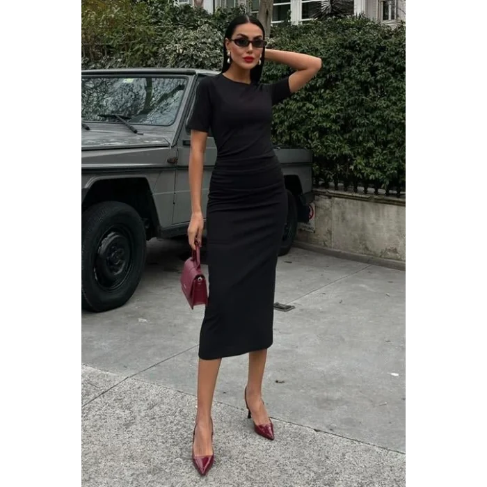 Beli Büzgülü Midi Elbise 2853