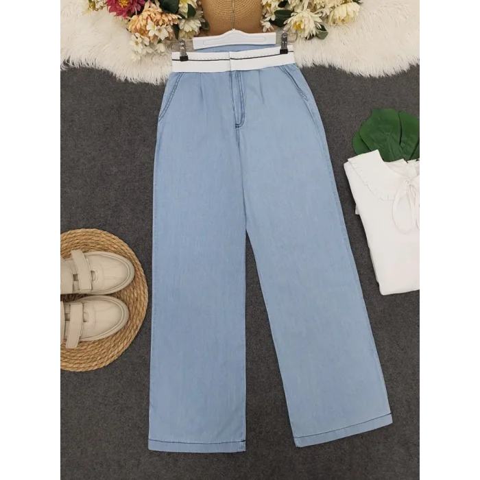 Beli Kancalı Kemer Detaylı İnce Kot Pantolon -Açık Mavi