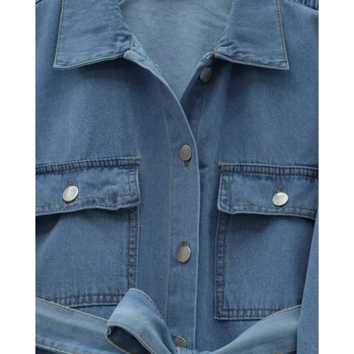 Beli Kemerli Cepli Önü Düğmeli Kot Takım  -Buz Mavi