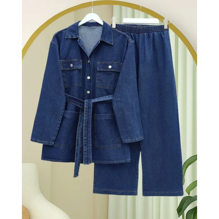 Beli Kemerli Cepli Önü Düğmeli Kot Takım -İndigo